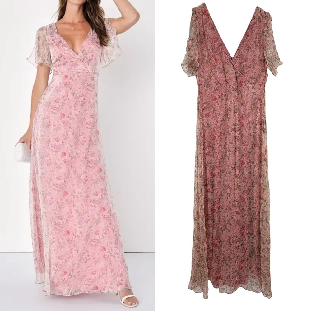 Lulus Dreamiest Desires Pink Floral Flutter Sleeve Maxi Dress XL Wedding